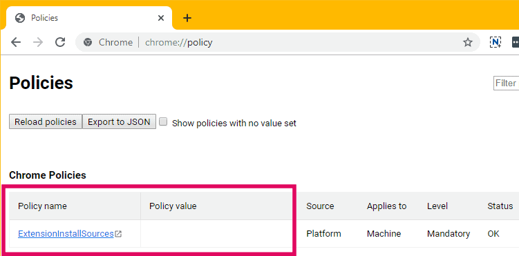 Chrome ExtensionInstallSources policy with no visible policy value