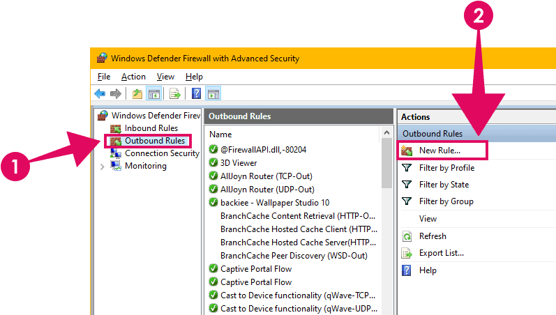 Create new outbound rule Windows Firewall
