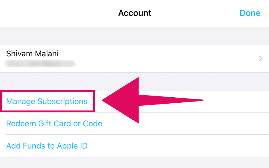 Tap "Manage Subscriptions" on the Account screen