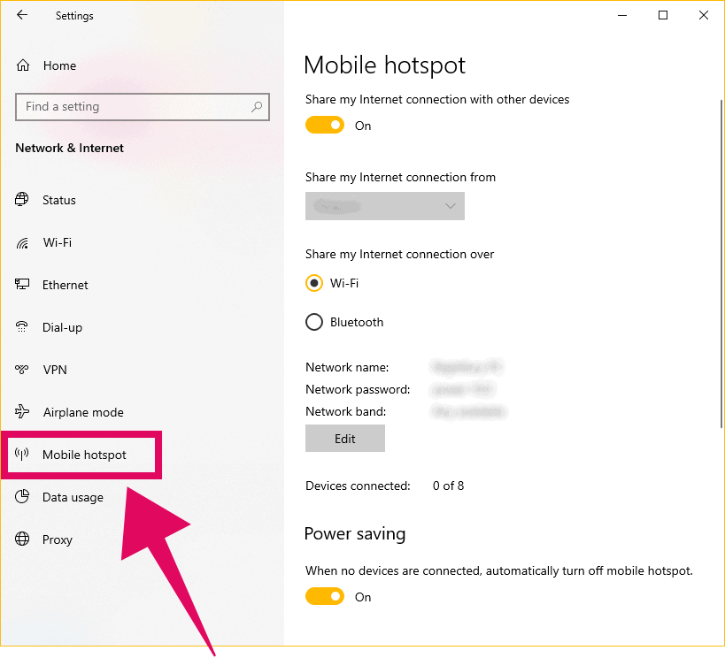 Select "Mobile hotspot" from the left panel in Network settings Windows 10