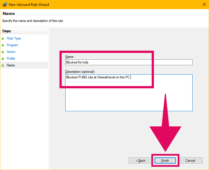 Name inbound rule Windows firewall