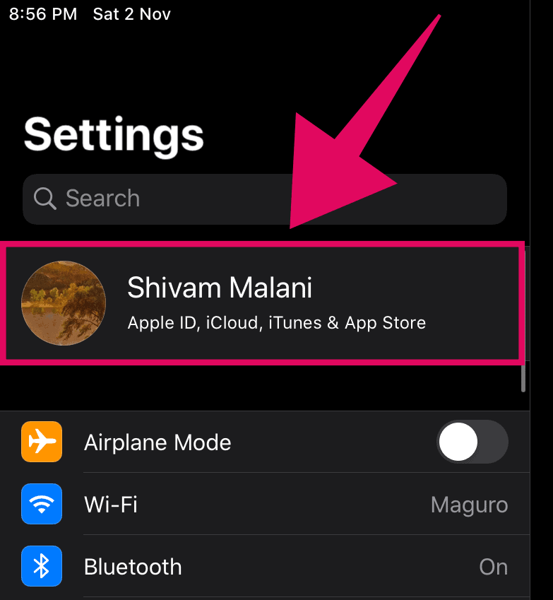 Tap on your name on the Settings screen