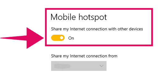 Turn on the toggle switch for Mobile Hotspot