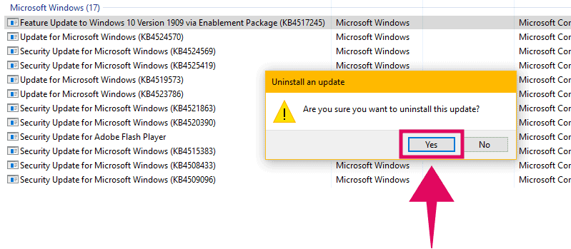 Uninstall Windows 10 November 2019 Update