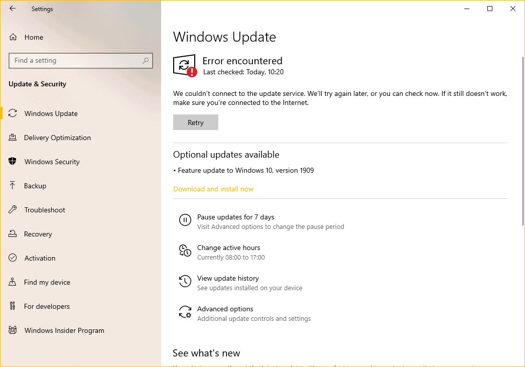 Windows 10 version 1909 Error