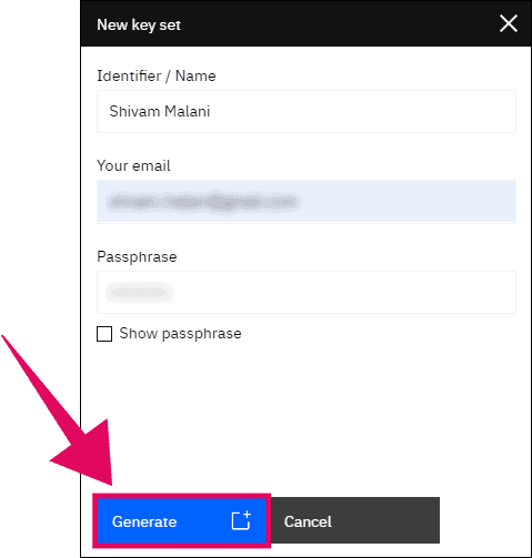 Fill in your credentials and generate a new key set
