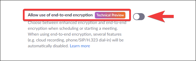 An image containing a red arrow pointing to "Allow use of end-to-end encryption"