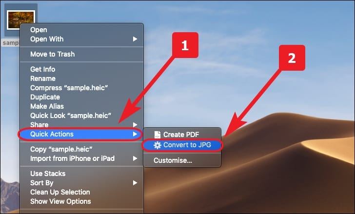 Using quick action to convert HEIC to JPG