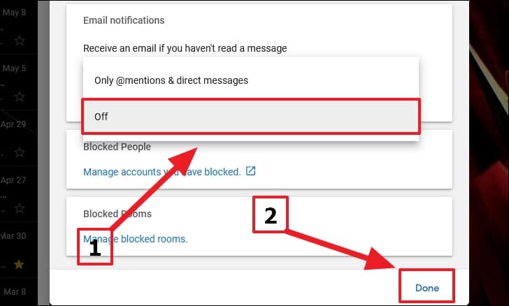 Select off from drop down to disable emails for google chat notifications