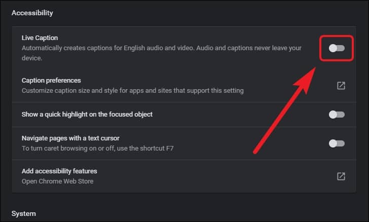 disable live captions in chrome