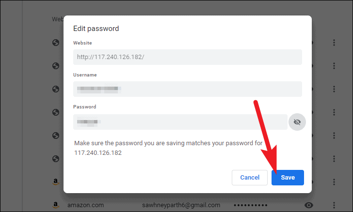 click save after edit or update the saved passwords