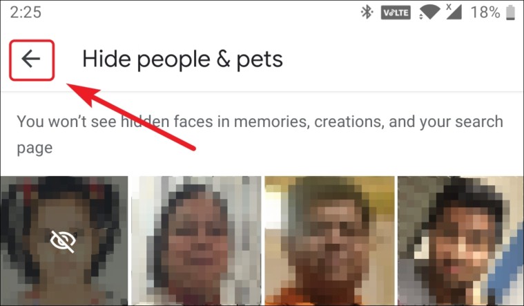 tap on back arrow to hide some people in memories
