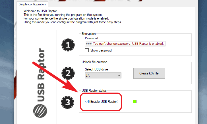 enable USB security key using USB raptor