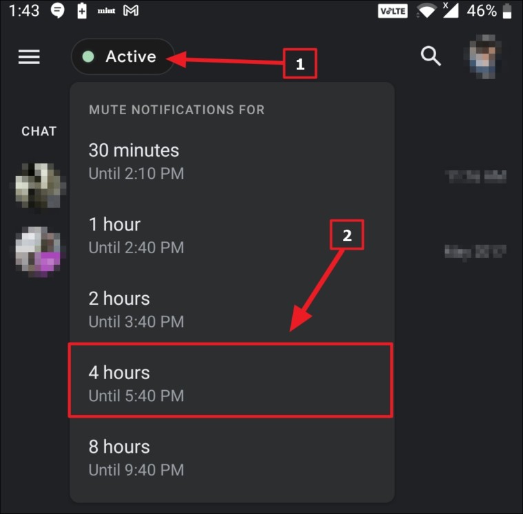 Choose the duration to mute the notifications