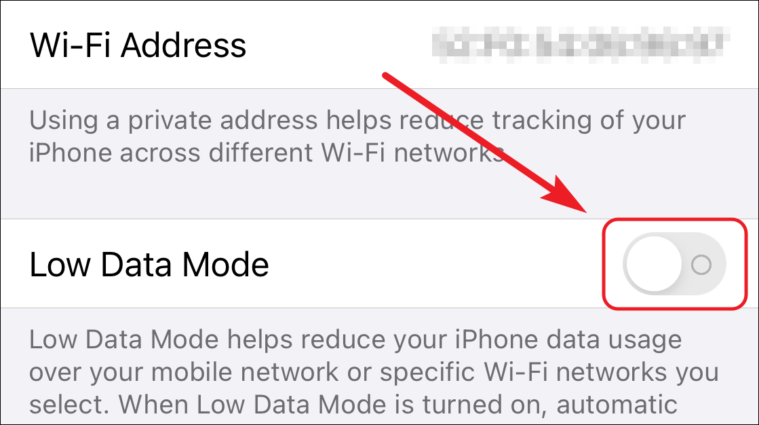 Toggle to turn off low data mode for wifi