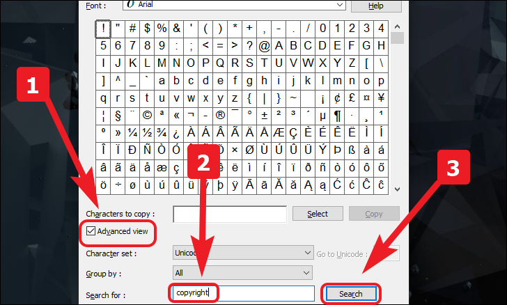 search for copyright symbol in the character map