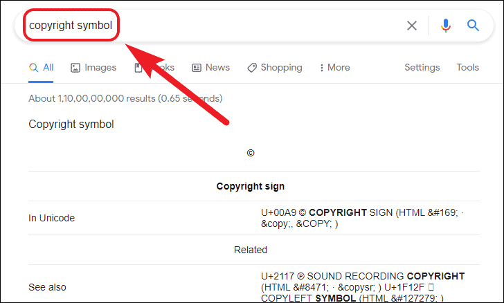 search for copyright symbol on web