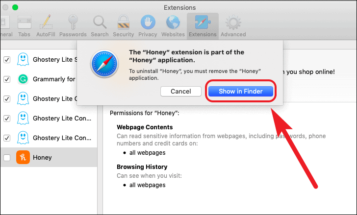 click on show in finder to locate safari extension