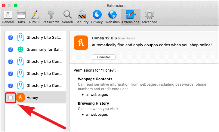 disable safari extension