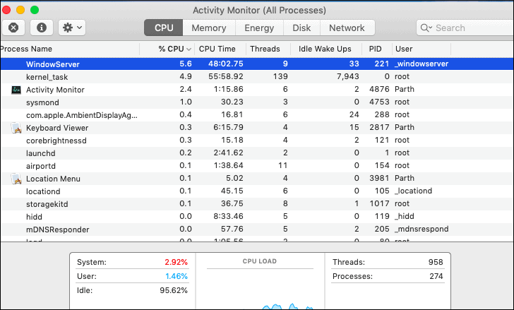 WindowServer process in activity monitor
