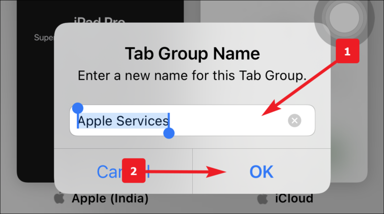 enter name and tap ok to rename tab group in safari