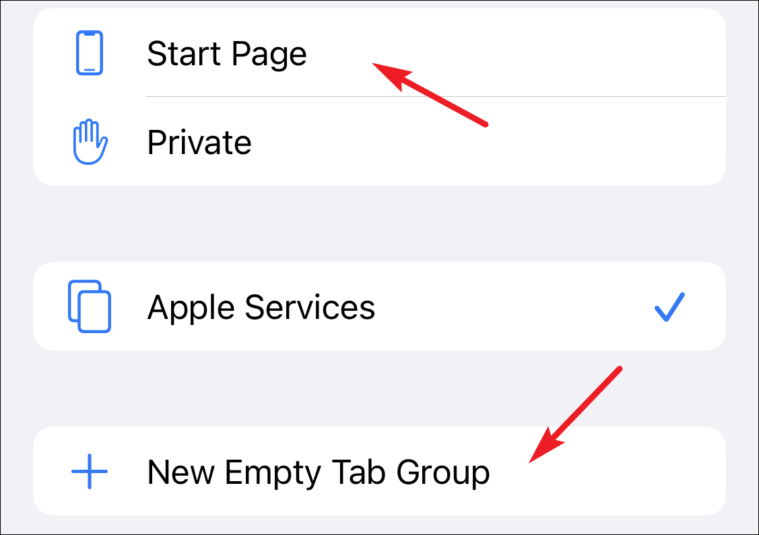 click on start page or tap on new empty tab group in safari