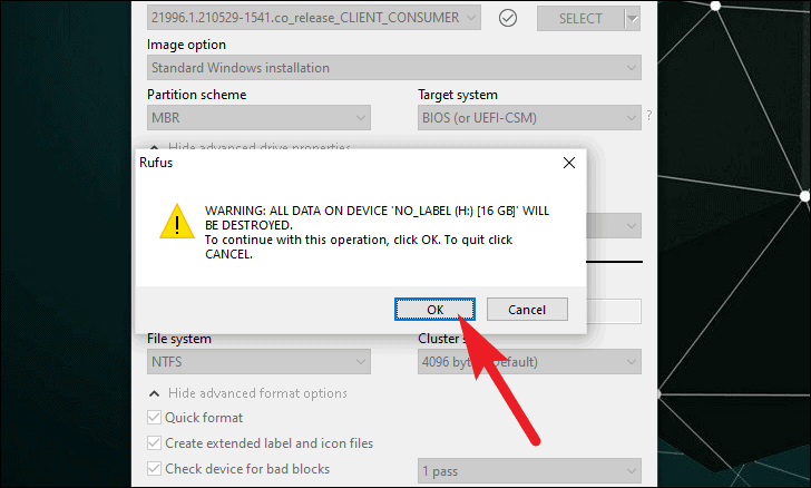 tap ok to Create a Windows 11 USB Drive