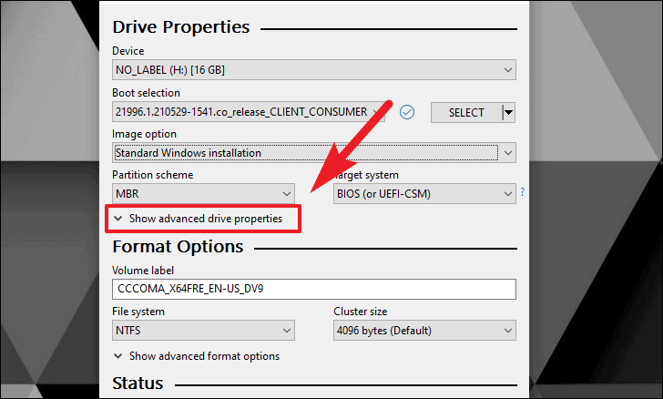 Show advance drive properties to Create a Windows 11 USB Drive