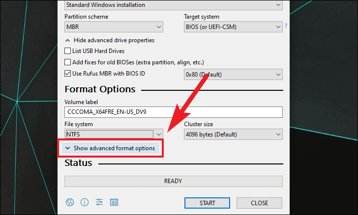 show advanced format options to Create a Windows 11 USB Drive