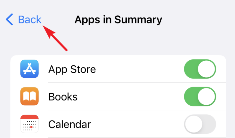 tap back to set apps for notification summary on iphone