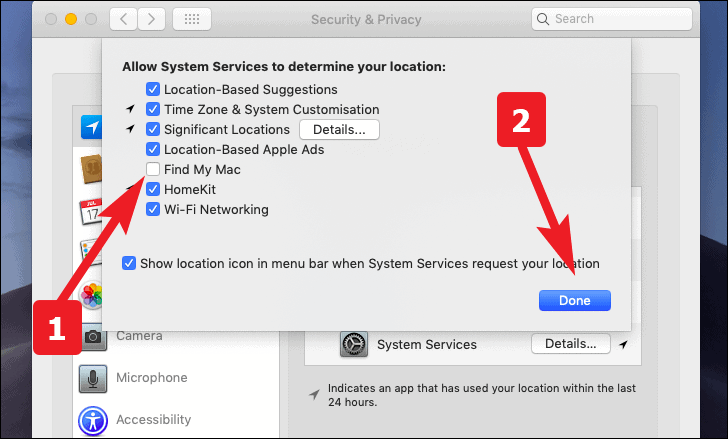 click to enable or disable location services for Find my services