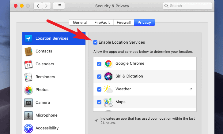 click to enable or disable location services