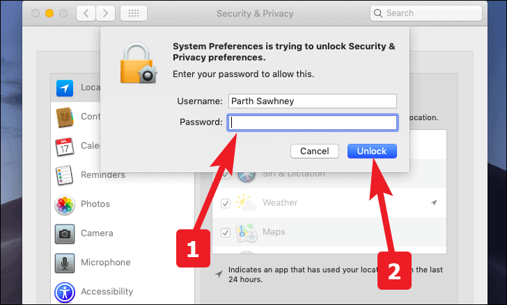 enter password and unlock to enable or disable location history 