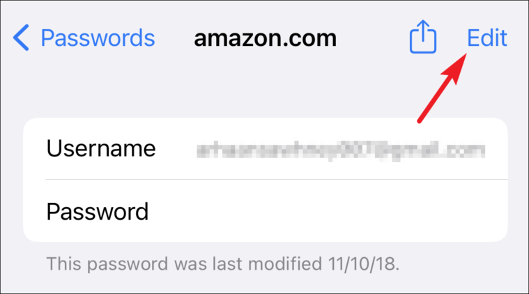 tap edit to change saved password from iCloud keychain from iPhone