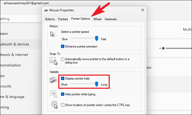 How to add trails to the mouse pointer in Windows 11