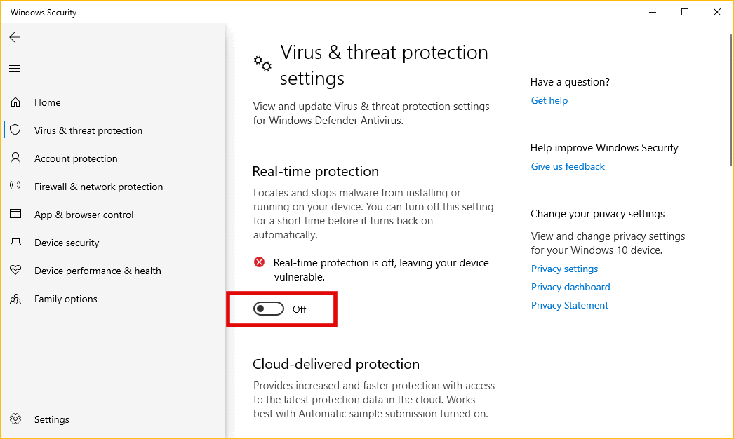 Turn off real-time protection in Windows Defender