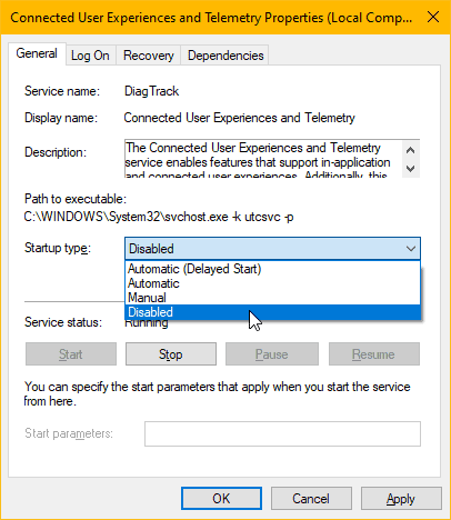 Disable Connected User Experiences and Telemetry Service Windows 10