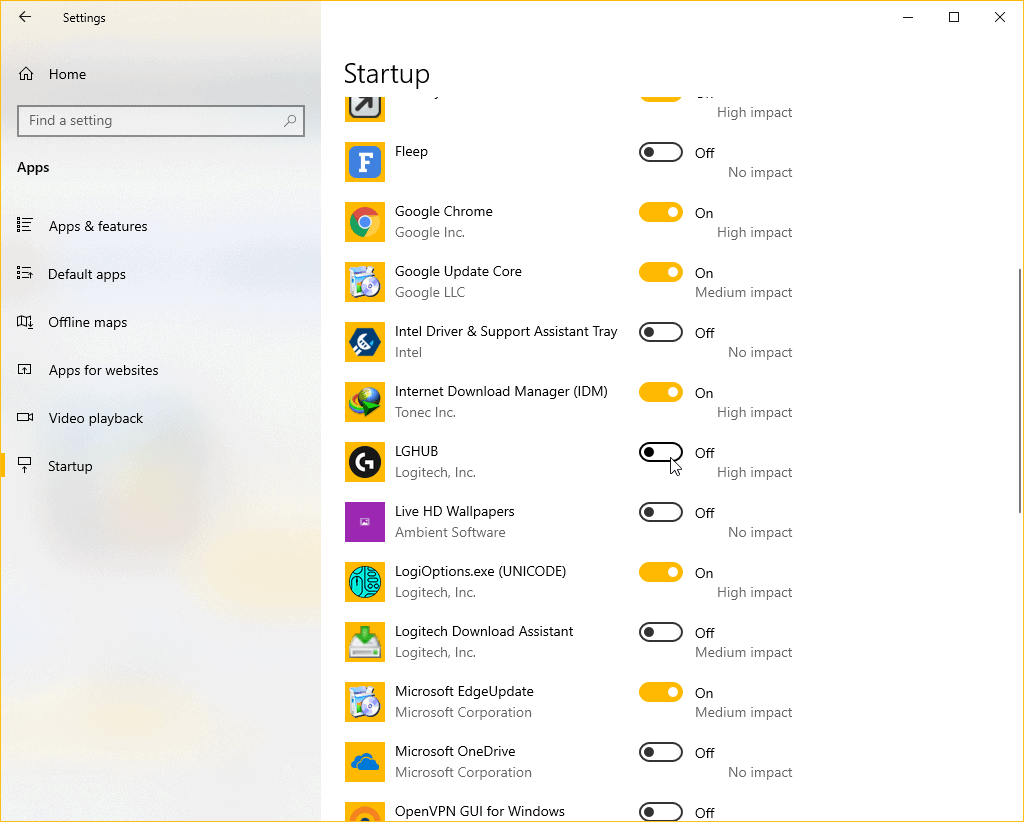 Disable Startup apps Windows 10