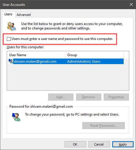 User accounts settings Windows 10