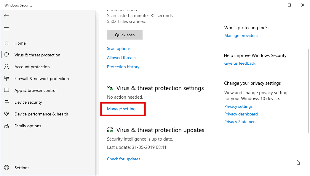 Windows Defender Virus & threat protection settings