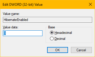 Disable hibernation registry edit Windows 10 PC