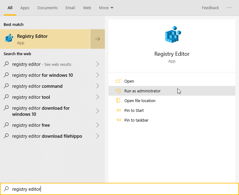 Open Registry Editor Start Menu Windows 10
