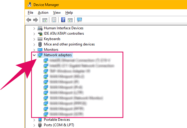 Find all Network Adapters adapters available on your PC using Device Manager