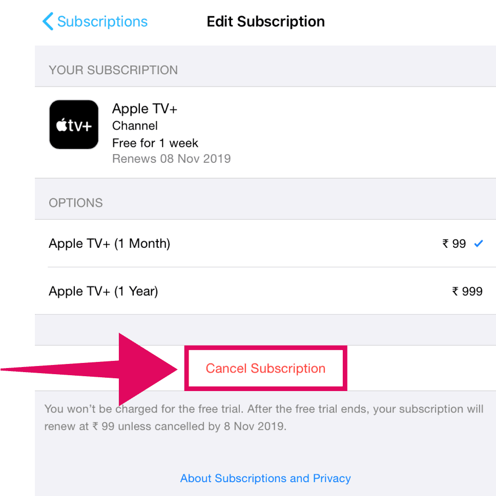Tap "Cancel Subscription" button on the Apple TV+ subscription editor screen