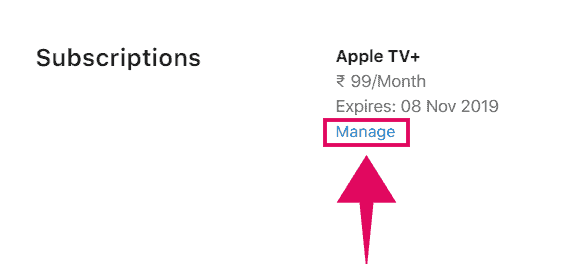 Click "Manage" to access Apple TV Plus subscription settings