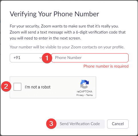 An image showing the steps required to verify your phone number on Zoom