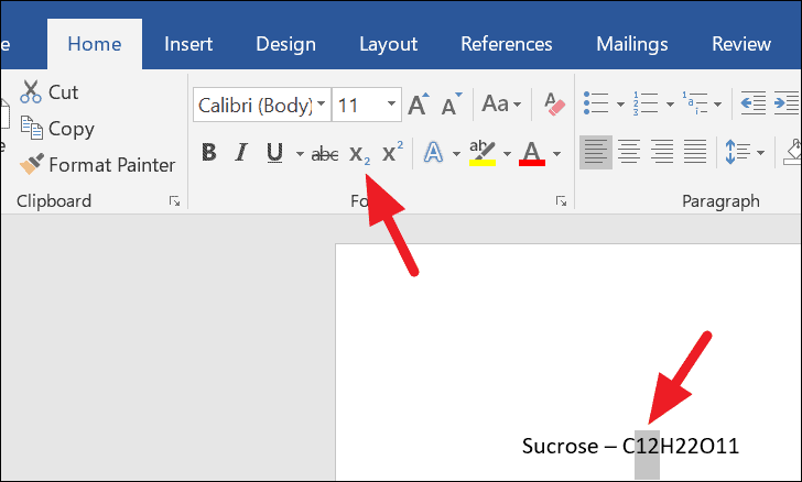 subscript on word document