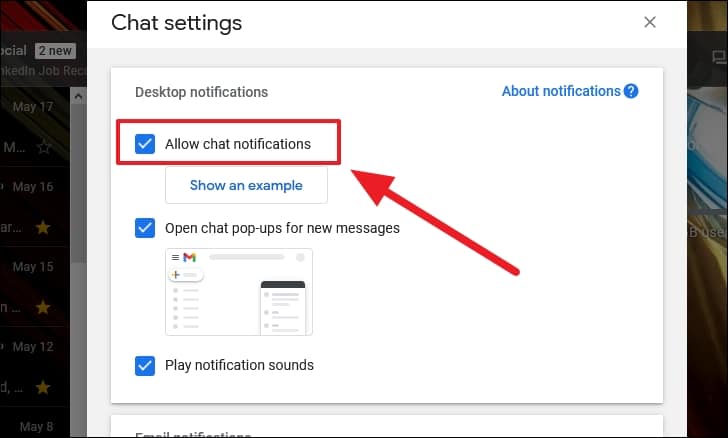 Disable google chat notifications in gmail for desktop