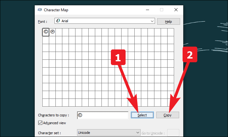 Copy the copyright symbol using character map on windows